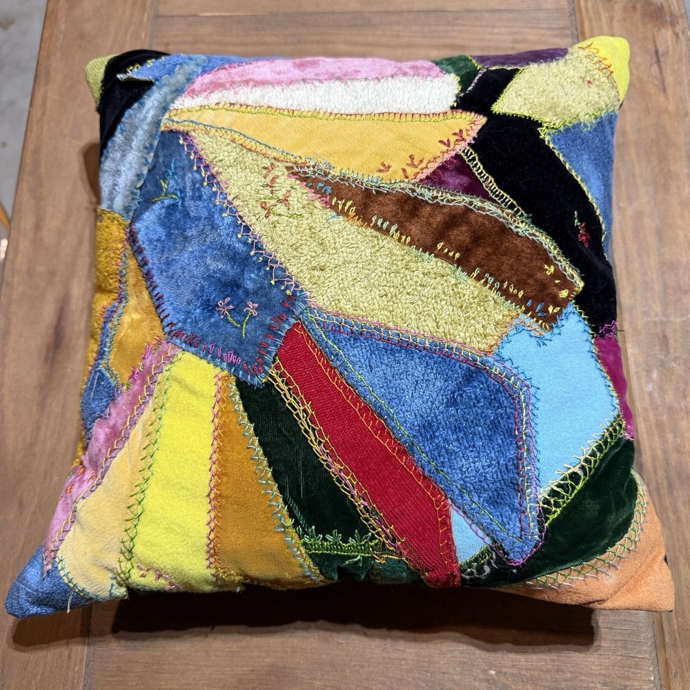 Vintage Crazy Quilt Throw Pillow Embroidered Boho Patchwork Cushion 12x12